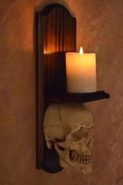 "Classic Skull Wall Sconce Style II W/ Ivory Flameless Candle" Haunted House Lighting -TerrorCraft Shop classic skull wall sconce style ii w ivory flameless candle haunted house lighting 23613261377