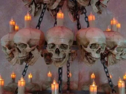 "Five-Tiered Life-Size Skull Chandelier With 60 Skulls" Haunted House Lighting -TerrorCraft Shop five tiered life size skull chandelier with 60 skulls haunted house lighting 23696488001