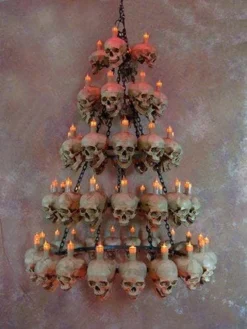 "Five-Tiered Life-Size Skull Chandelier With 60 Skulls" Haunted House Lighting -TerrorCraft Shop five tiered life size skull chandelier with 60 skulls haunted house lighting 23696488385