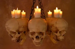 "Skull Chandelier With 8 Skulls And Flameless Candles" Haunted House Lighting -TerrorCraft Shop skull chandelier with 8 skulls and flameless candles haunted house lighting 23696522817